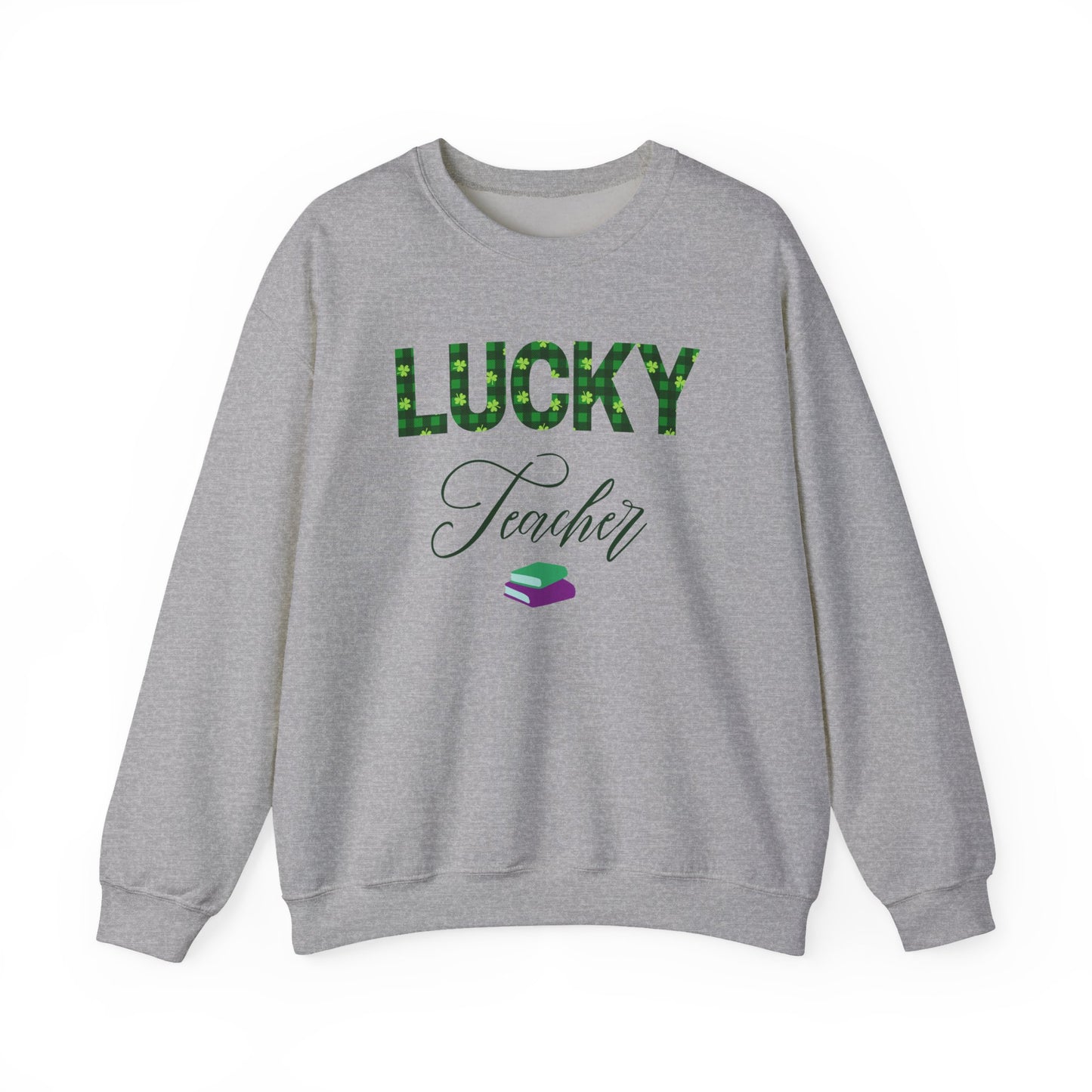 Lucky Teacher sweatshirt with green clover letters and book icon, St. Patrick’s Day design.