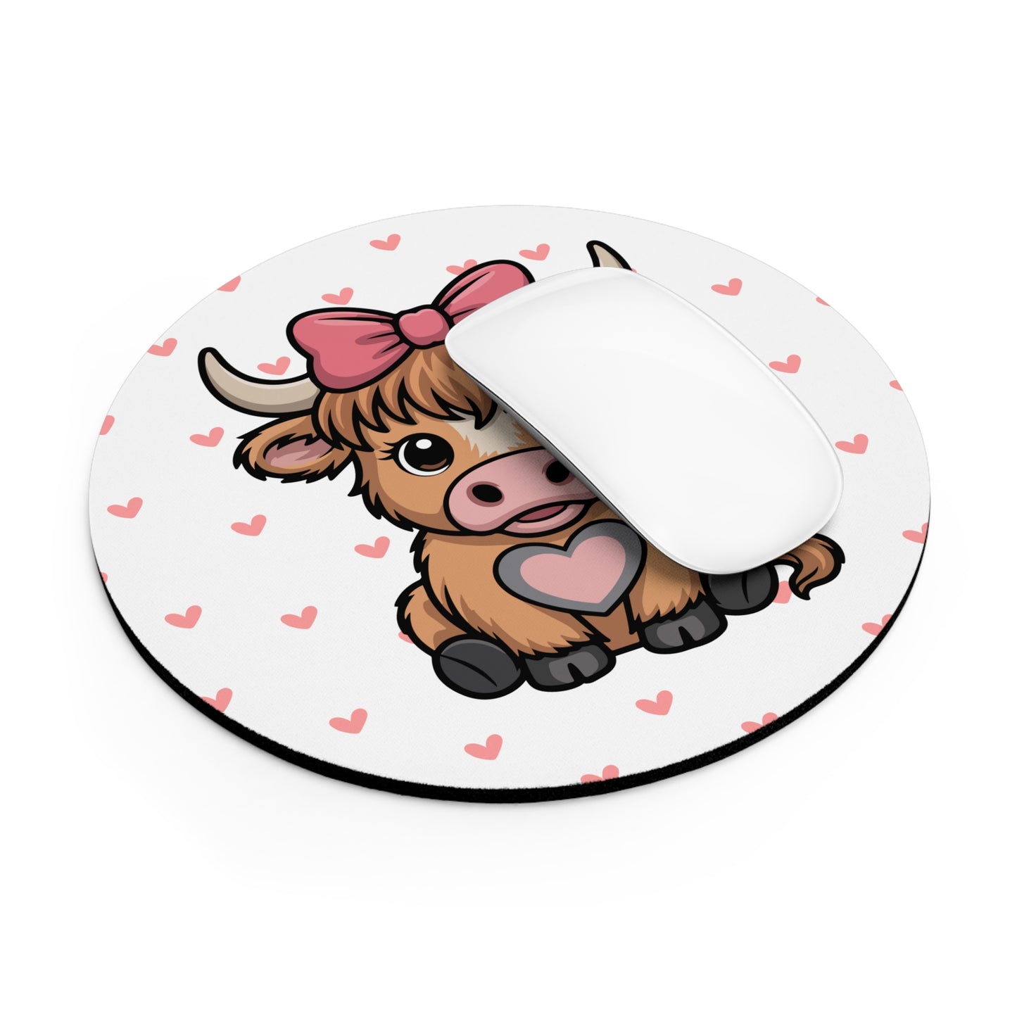 Cute Highland Cow Mouse Pad – Adorable Desk Accessory with Hearts & Bow Design