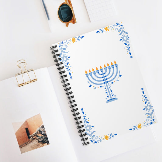 Happy Hanukkah Spiral Notebook – Menorah Design Journal with Blue & Gold Accents