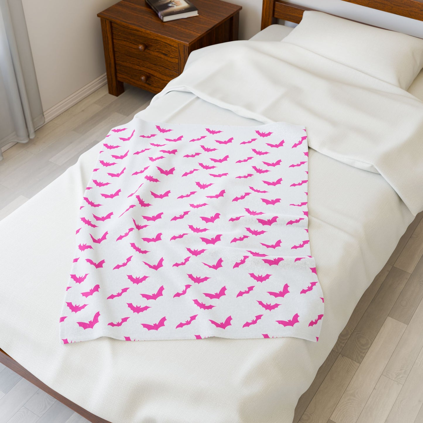 Pink Bat Blanket, White Plush Throw Blanket, Cute Halloween Blanket, Cozy Soft Bat Decor Gift