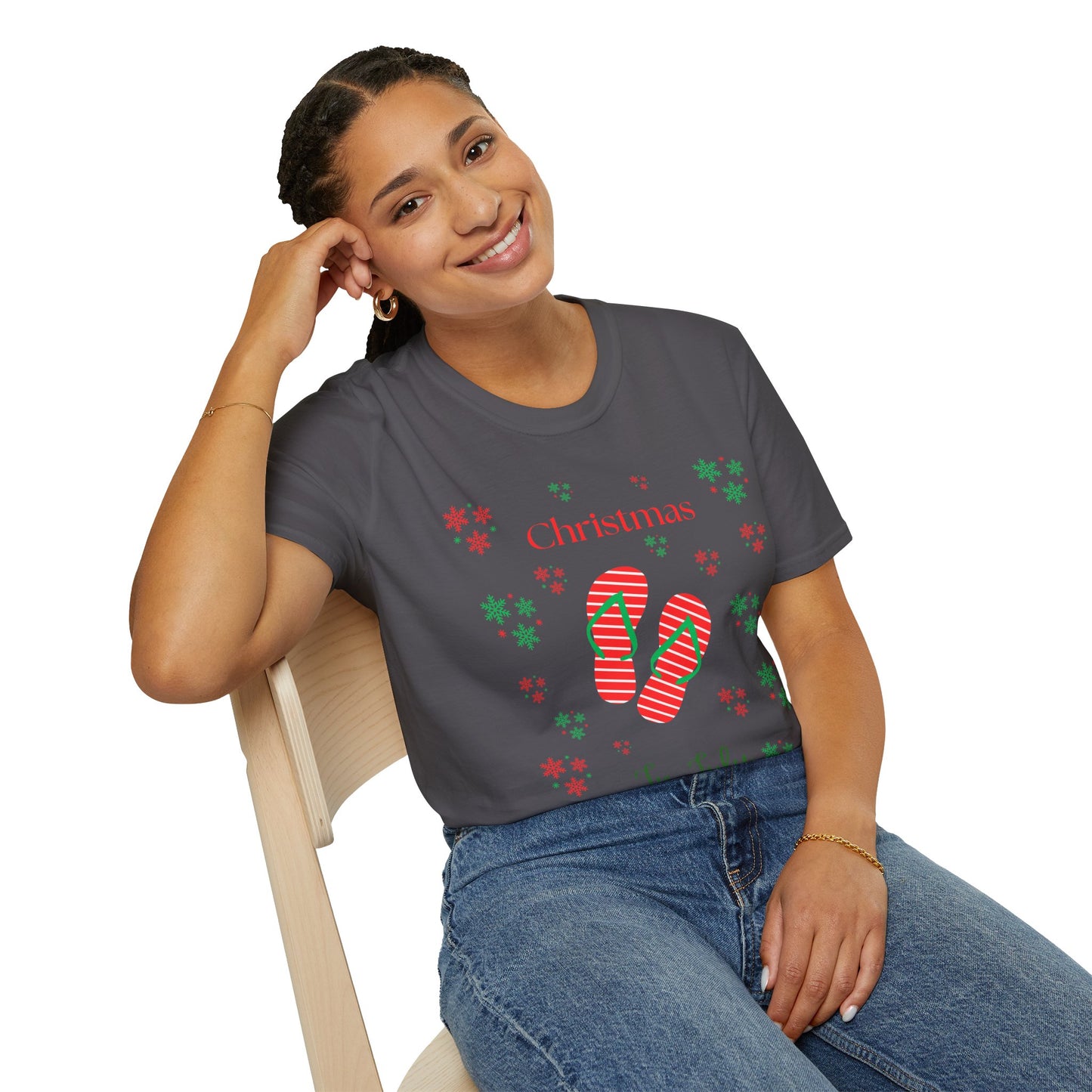 Christmas In July Softstyle T-Shirt, Holiday Apparel, Gift Idea, Summer Vibes, Casual Wear, Holiday Flip Flops