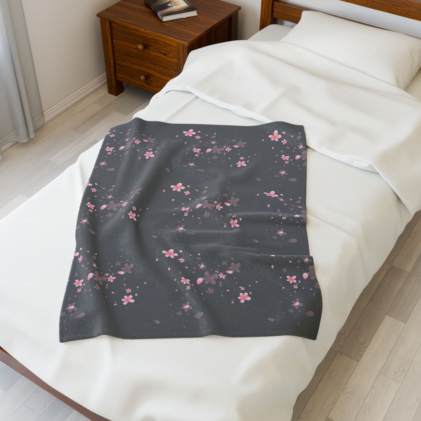 Charcoal Cherry Blossom Floral Plush Blanket - Cozy Blanket for Home Decor