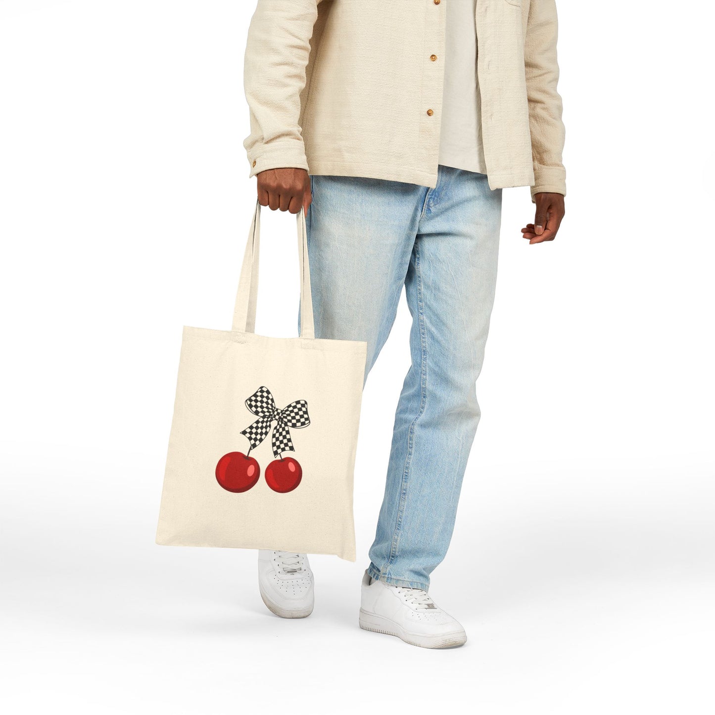 Cherry Print Canvas Tote Bag, Eco-Friendly Grocery Tote, Cute Gift for Mom, Chic Shopping Bag, Summer Accessory