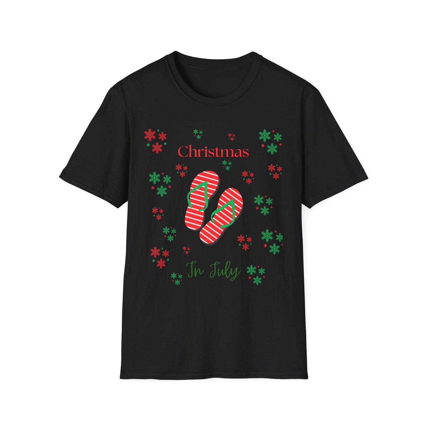 Christmas In July Softstyle T-Shirt, Holiday Apparel, Gift Idea, Summer Vibes, Casual Wear, Holiday Flip Flops