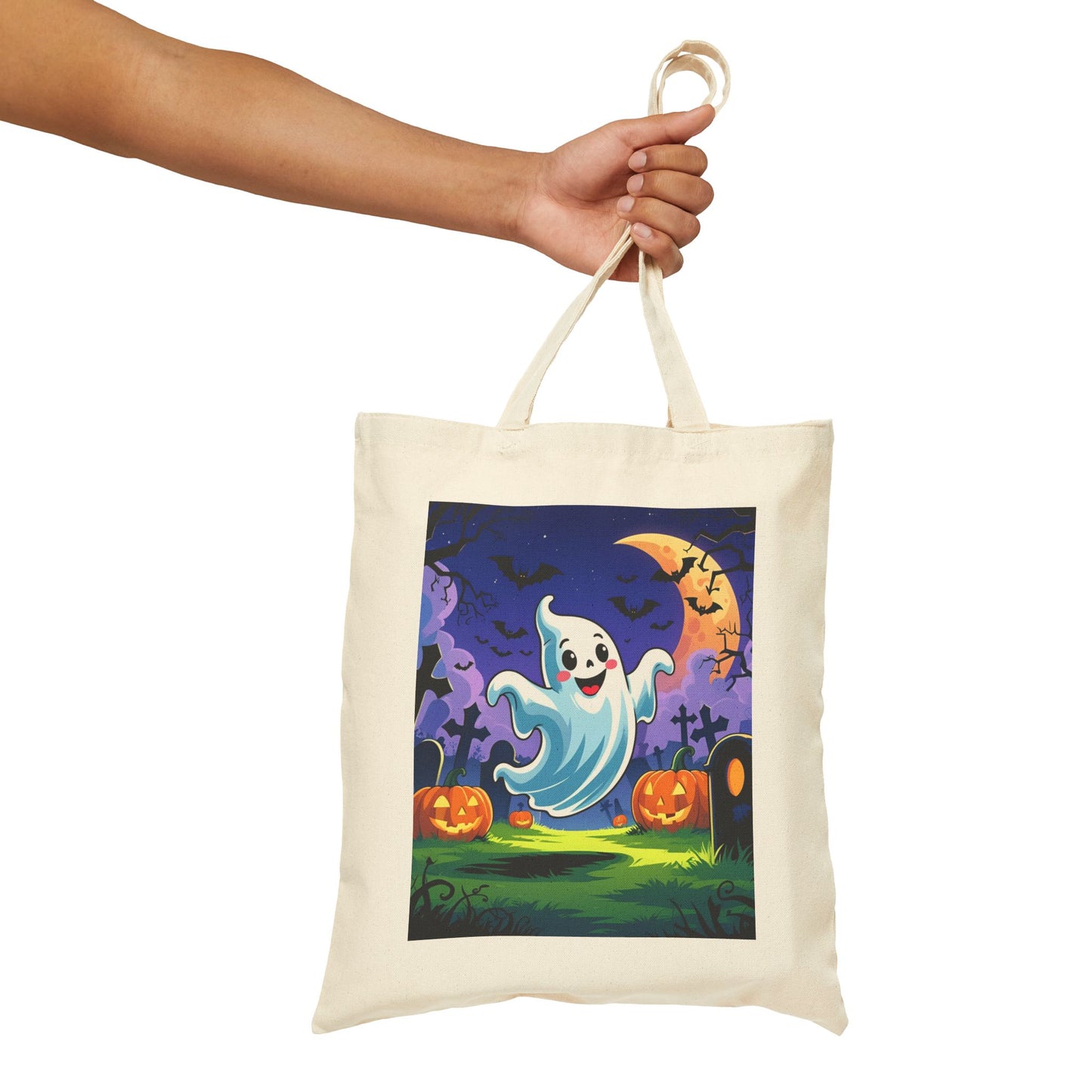 Cotton Canvas Tote Bag - Cute Cartoon Ghost Halloween Bag, Trick or Treat Bag, Halloween Party Bag, Halloween Gift, Halloween Costume