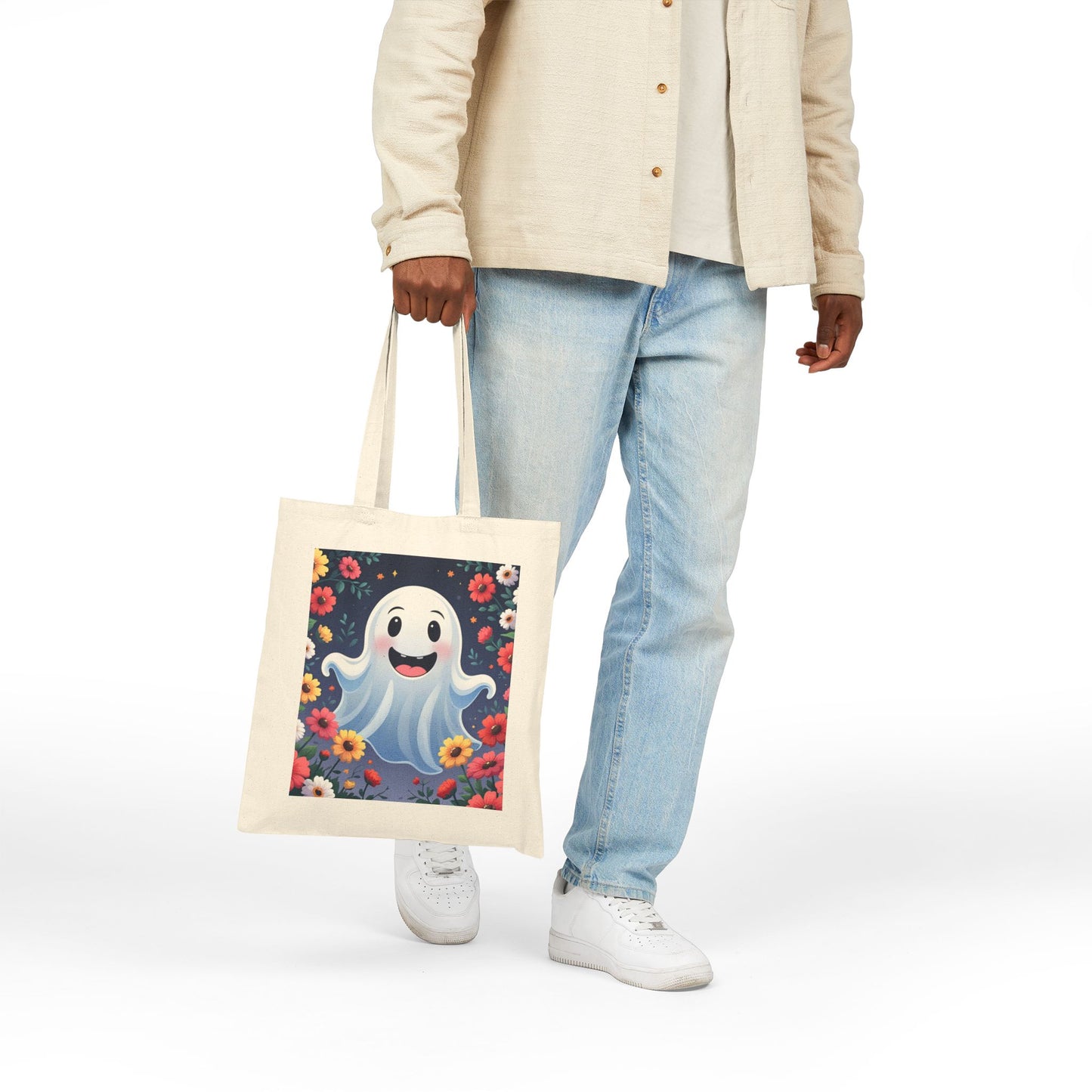 Floral Ghost Cotton Canvas Tote Bag, Eco-Friendly Shopping Tote, Halloween Gift, Beach Bag, Reusable Grocery Bag