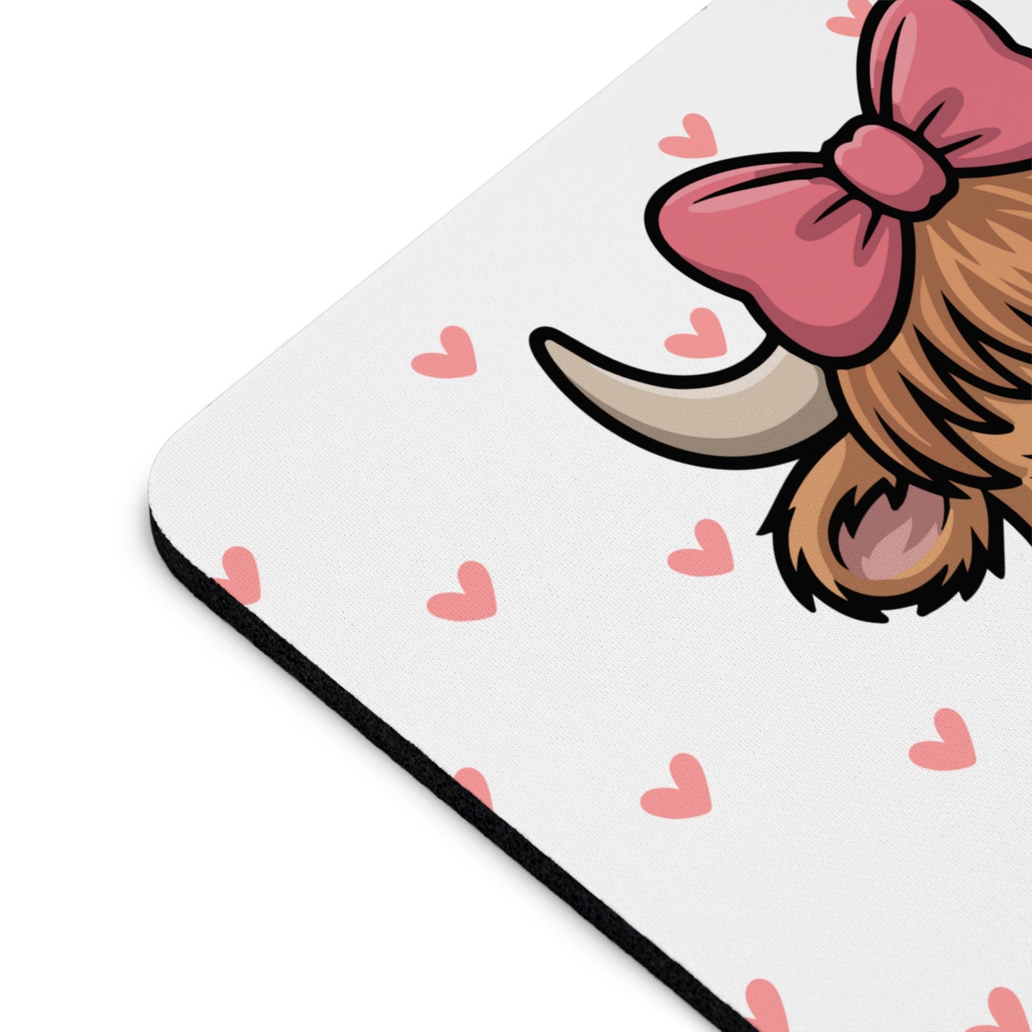 Cute Highland Cow Mouse Pad – Adorable Desk Accessory with Hearts & Bow Design