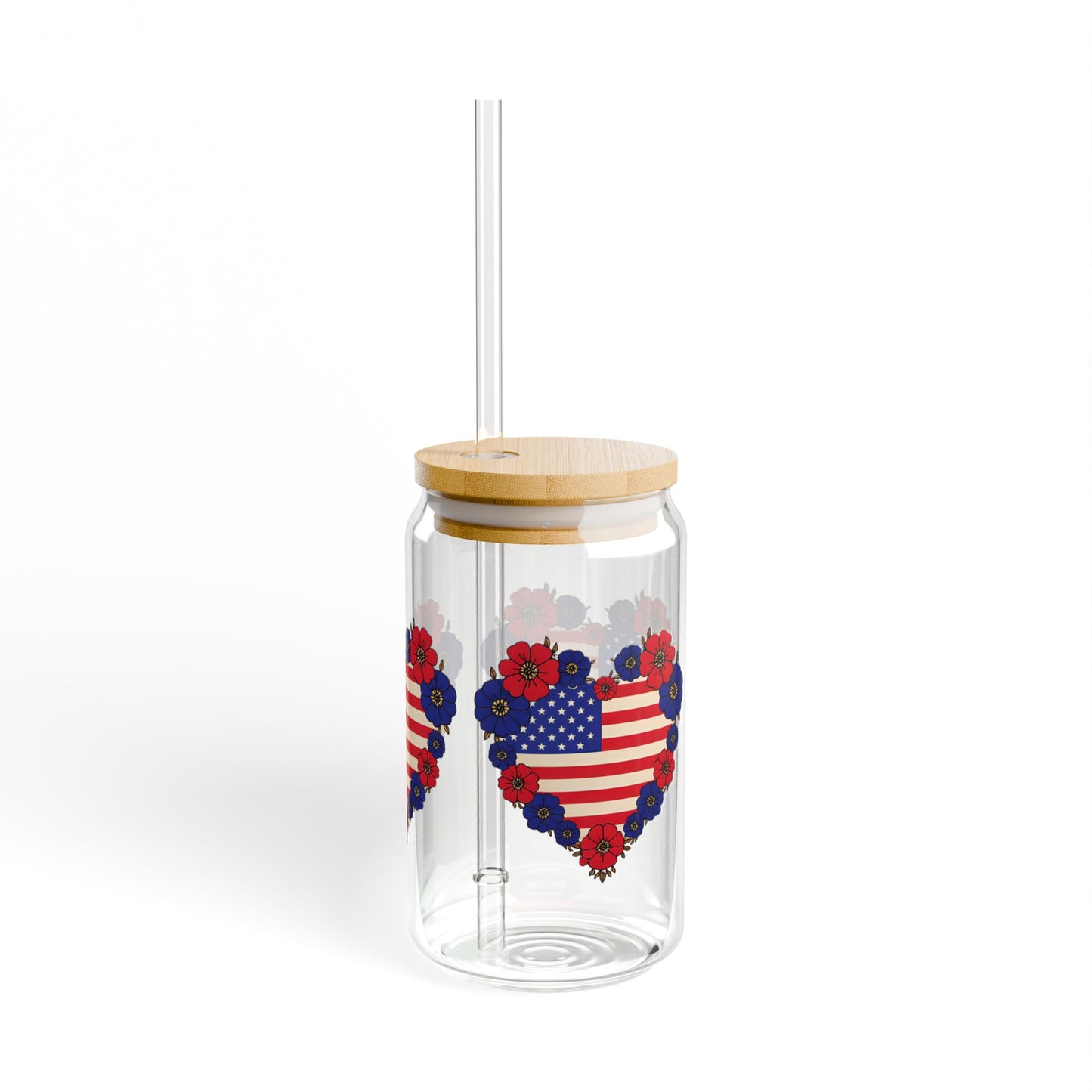 Patriotic Floral Heart Sipper Glass, 16oz - USA Heart Design, Floral Water Bottle, Summer Drinkware, Eco-Friendly Tumblers