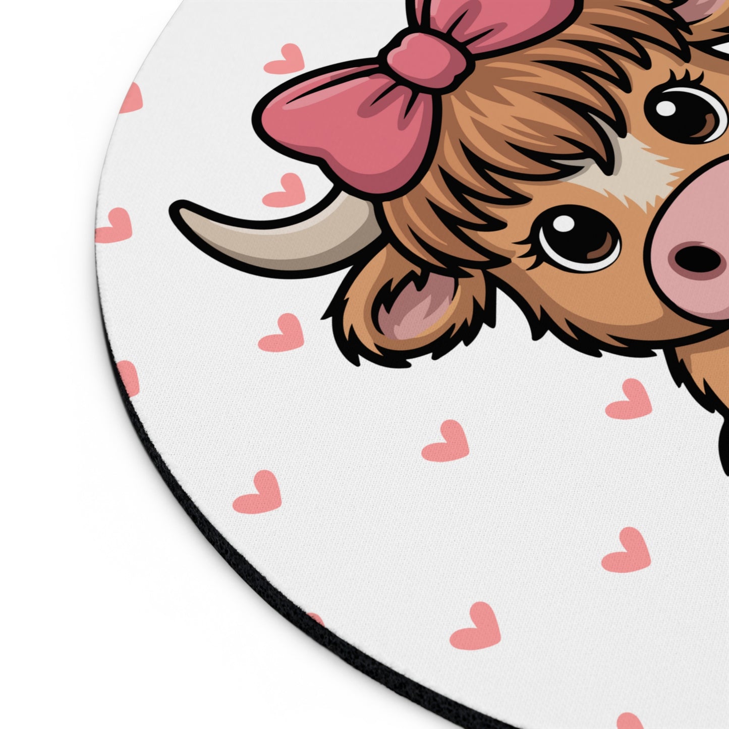 Cute Highland Cow Mouse Pad – Adorable Desk Accessory with Hearts & Bow Design