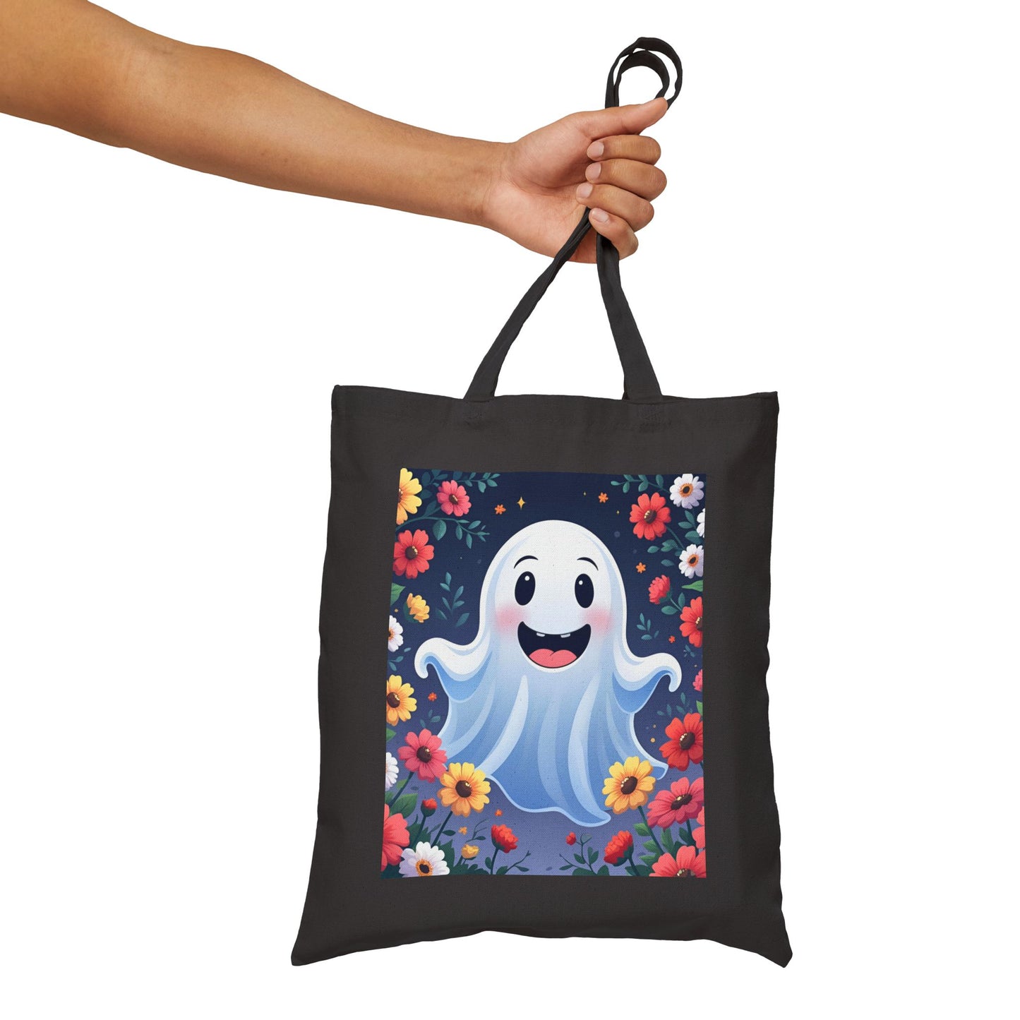 Floral Ghost Cotton Canvas Tote Bag, Eco-Friendly Shopping Tote, Halloween Gift, Beach Bag, Reusable Grocery Bag