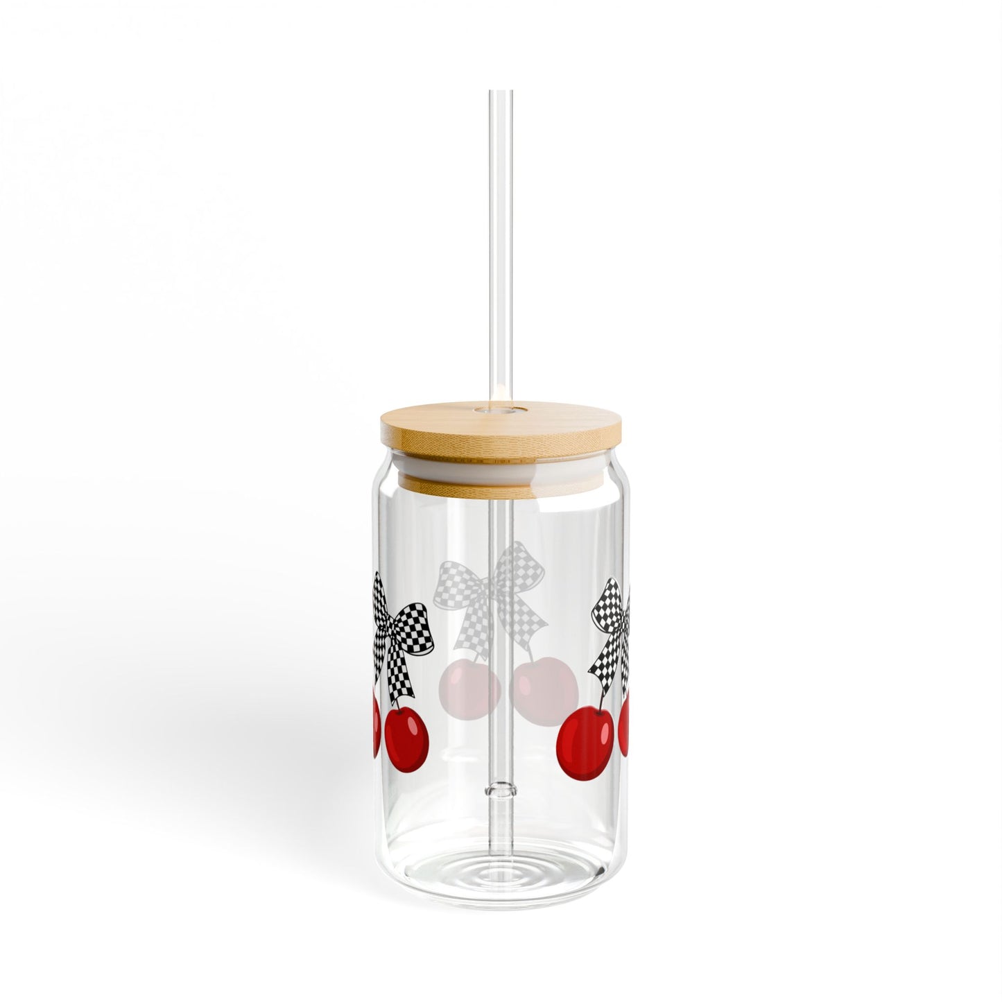 Gingham Cherry Sipper Glass | 16oz Drinking Jar with Straw, Cute Checkered Kitchen Decor, Summer Party Drinkware