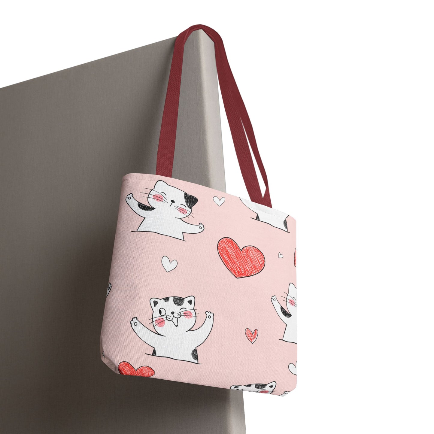 Cute Cat & Heart Canvas Tote Bag – Pink Reusable Shopping Bag for Cat Lovers
