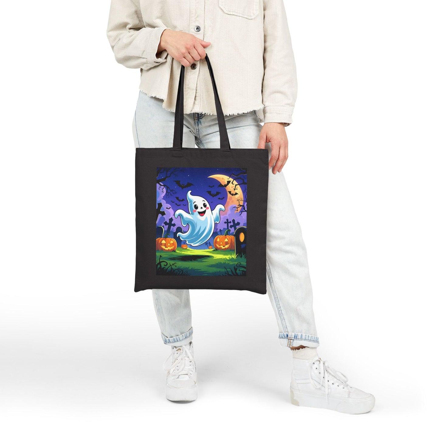 Cotton Canvas Tote Bag - Cute Cartoon Ghost Halloween Bag, Trick or Treat Bag, Halloween Party Bag, Halloween Gift, Halloween Costume
