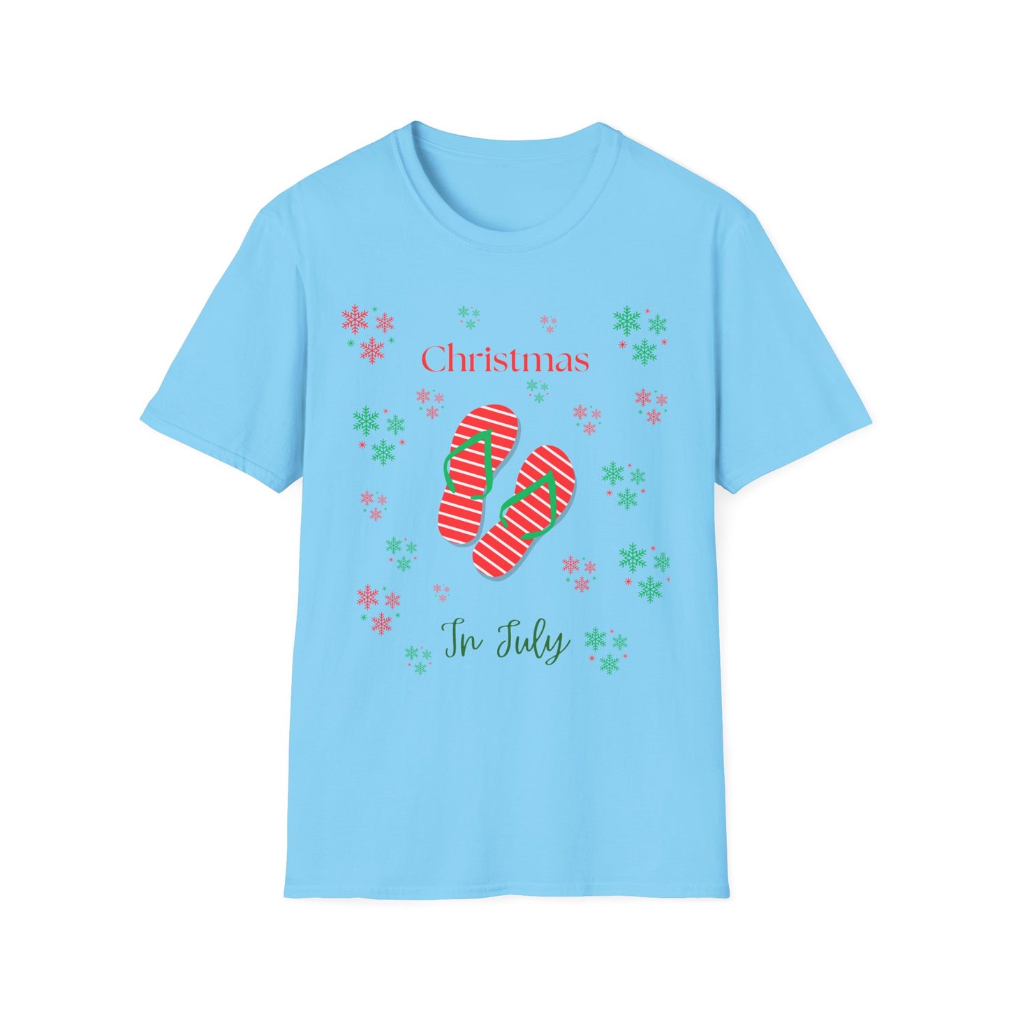 Christmas In July Softstyle T-Shirt, Holiday Apparel, Gift Idea, Summer Vibes, Casual Wear, Holiday Flip Flops