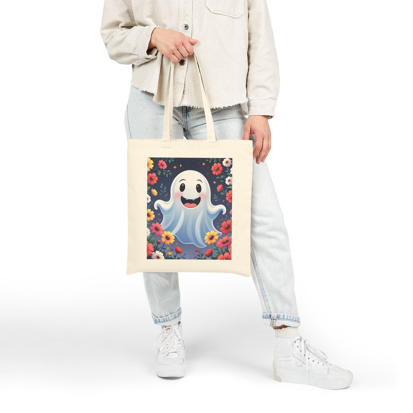 Floral Ghost Cotton Canvas Tote Bag, Eco-Friendly Shopping Tote, Halloween Gift, Beach Bag, Reusable Grocery Bag