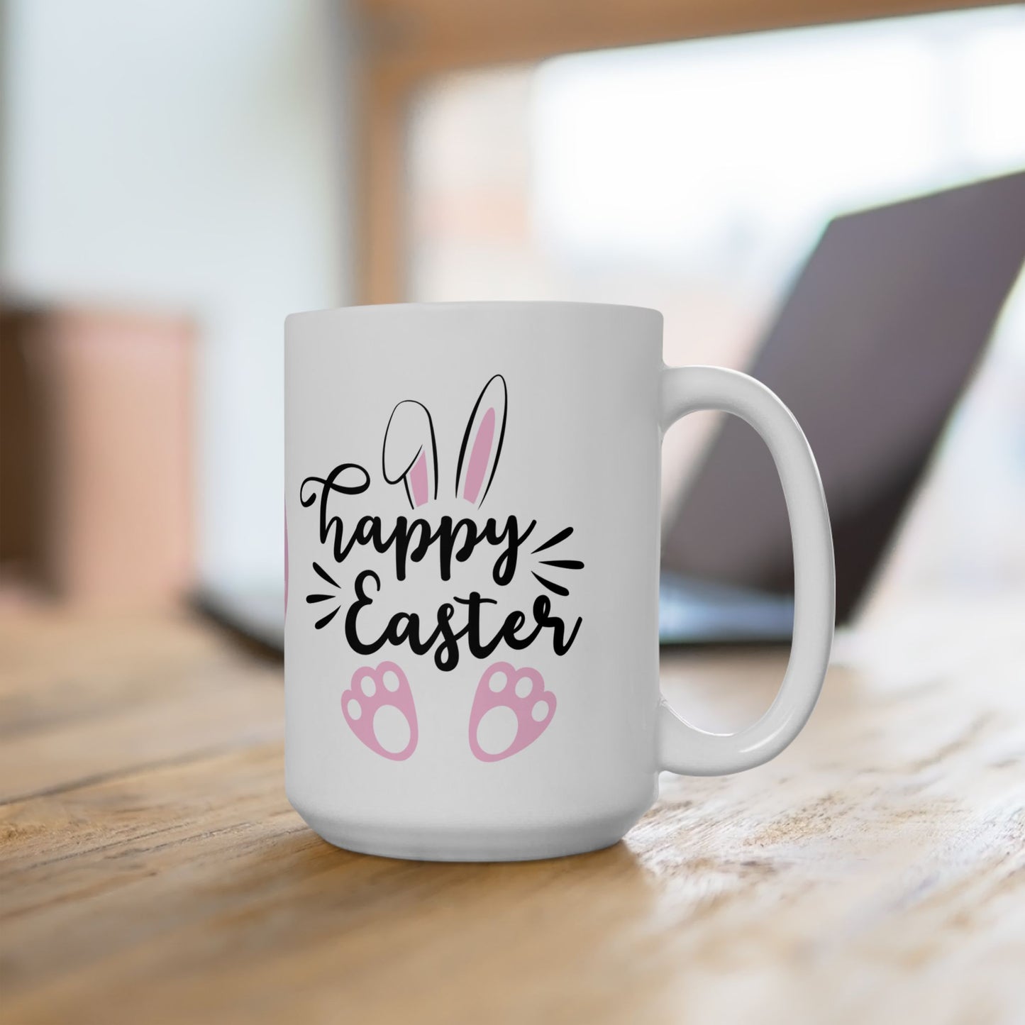 Adorable Happy Easter bunny mug with cute ears & paw prints.