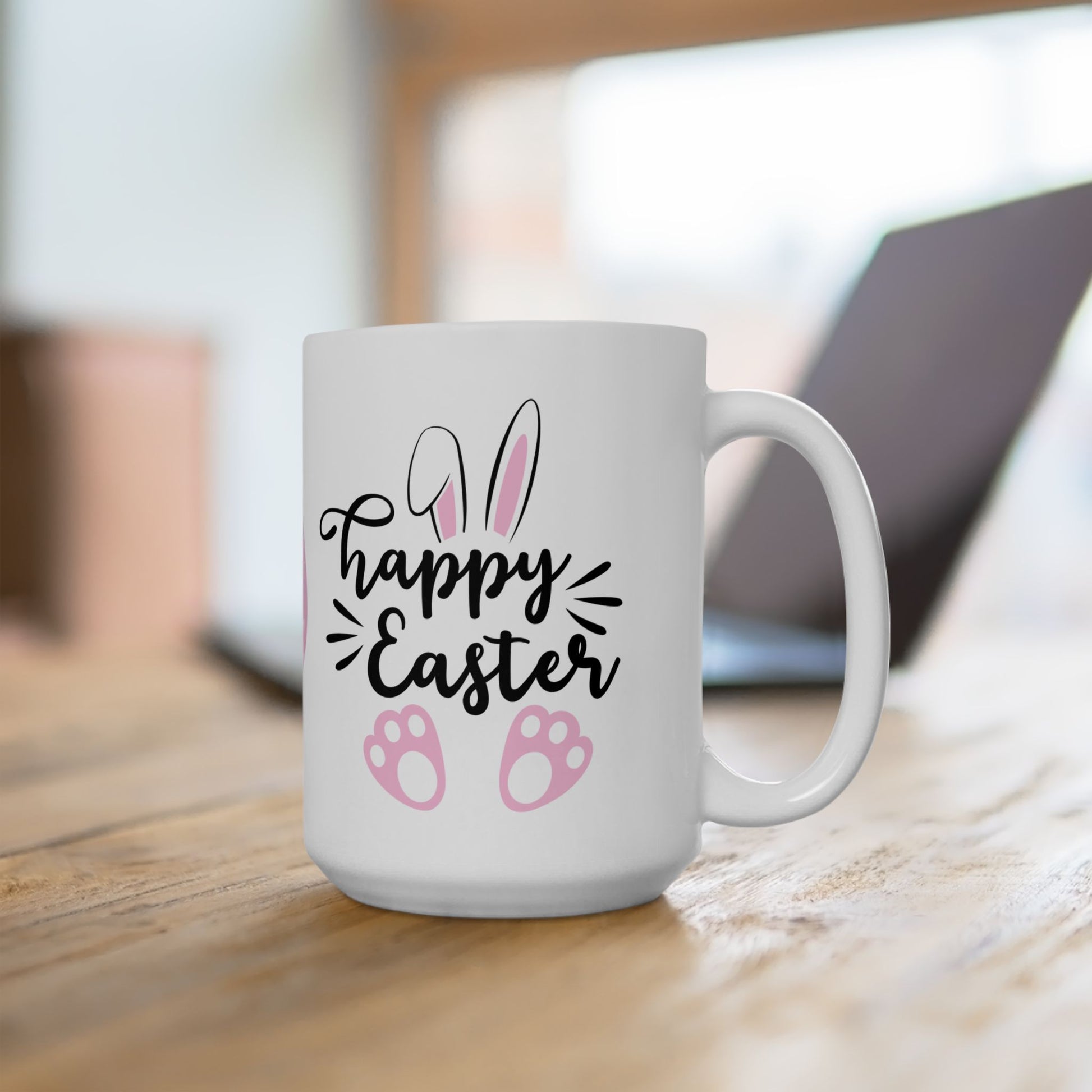 Adorable Happy Easter bunny mug with cute ears & paw prints.
