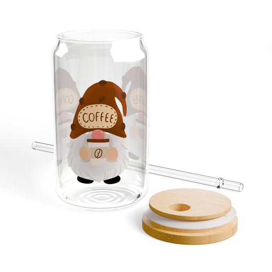Gnome Coffee Sipper Glass, 16oz, Cute Drinkware, Coffee Lover Gift, Fun Kitchen Decor,  Eco-friendly Beverage Container