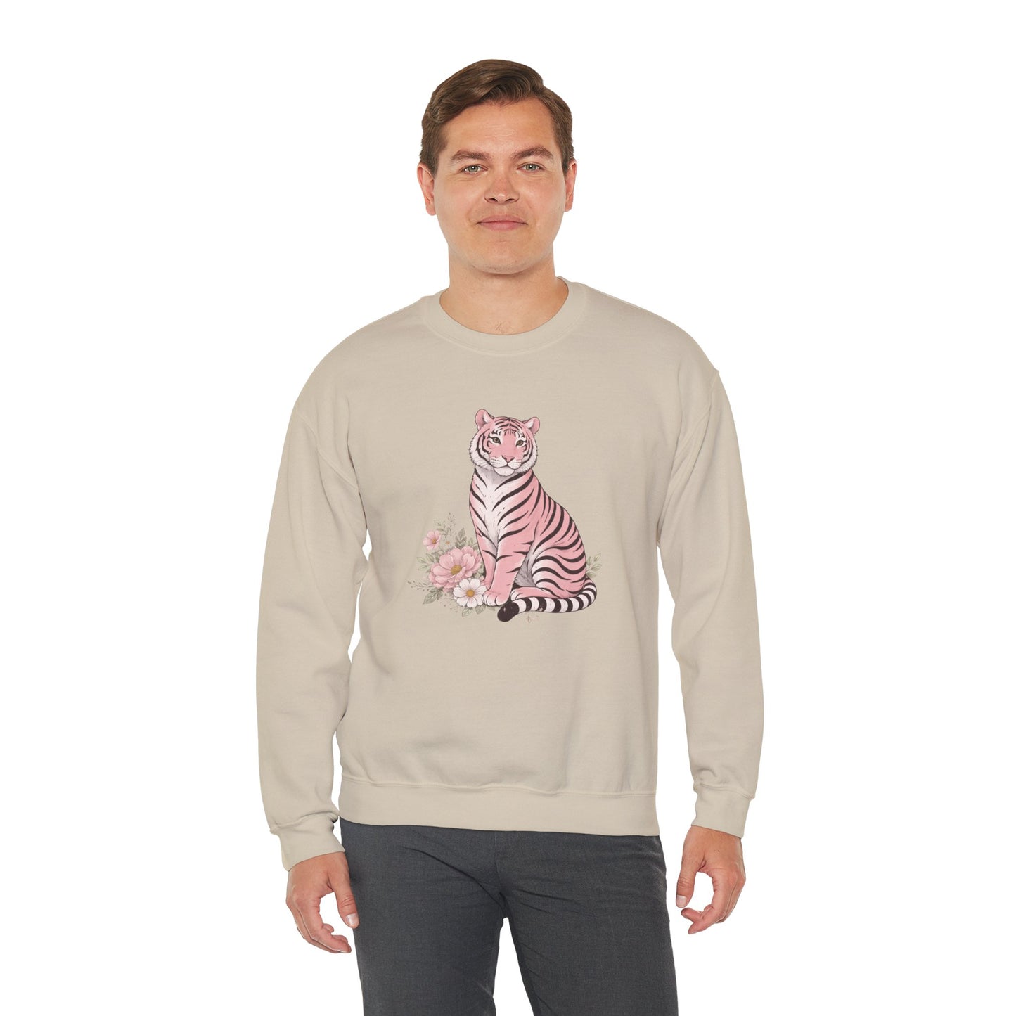 A cozy unisex sweatshirt featuring a pink tiger sitting among pastel flowers