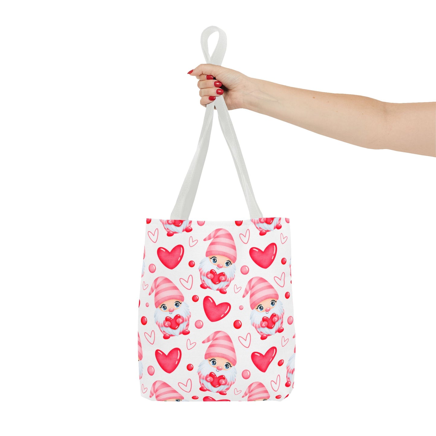 Cute Pink Gnome Tote Bag, Reusable Heart Grocery Bag, Love Themed Purse, AOP Shopping Tote, Valentine's Gift Idea