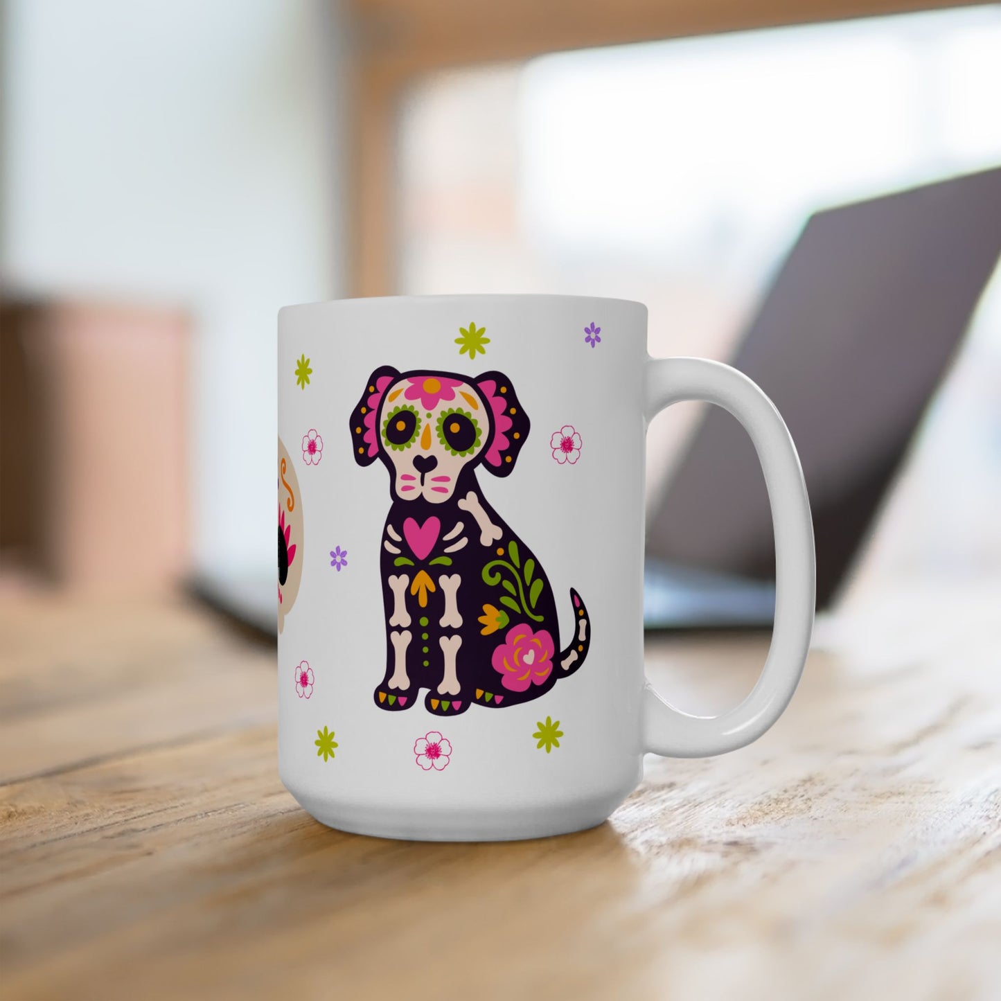 Colorful Day of the Dead Ceramic Mug, Halloween Gift, Sugar Skull Cup, Dog Lover's Mug, Festive Coffee Tea Cup