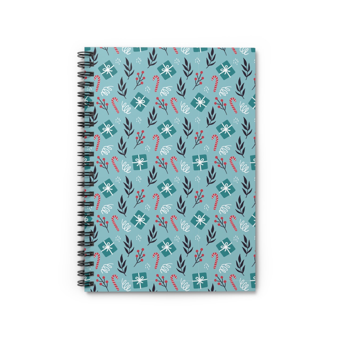 Holiday Gift Pattern Spiral Notebook – Teal Christmas Candy Cane & Berry Design