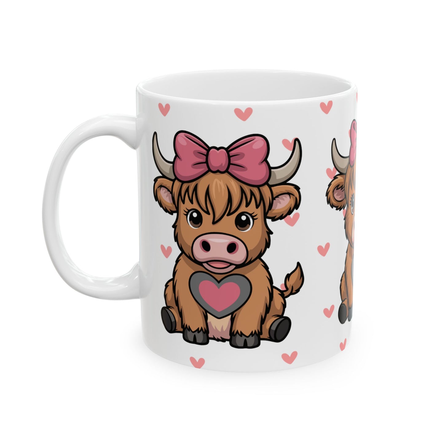 Cute Highland Cow Ceramic Mug – Adorable 11oz Coffee Cup with Hearts & Bow Design