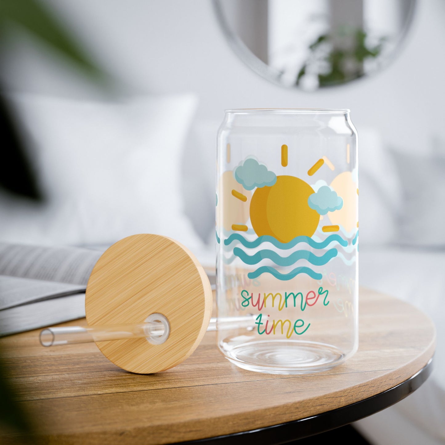 Summer Time 16 oz Glass Sipper Glass, Gift for Beach Lovers