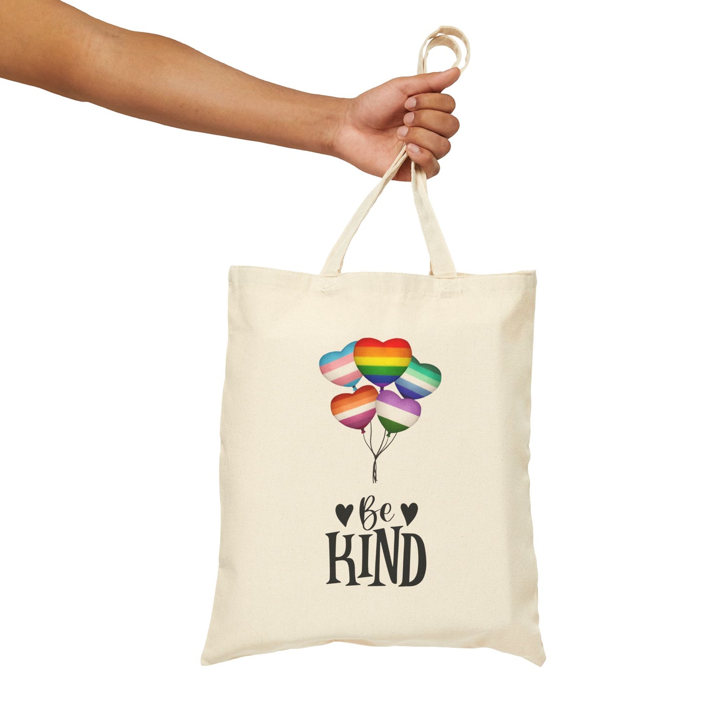 Rainbow Hearts "Be Kind" Cotton Canvas Tote Bag - Eco-Friendly Shopping, Pride, Everyday Use, Reusable Bags