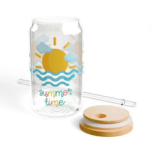 Summer Time 16 oz Glass Sipper Glass, Gift for Beach Lovers