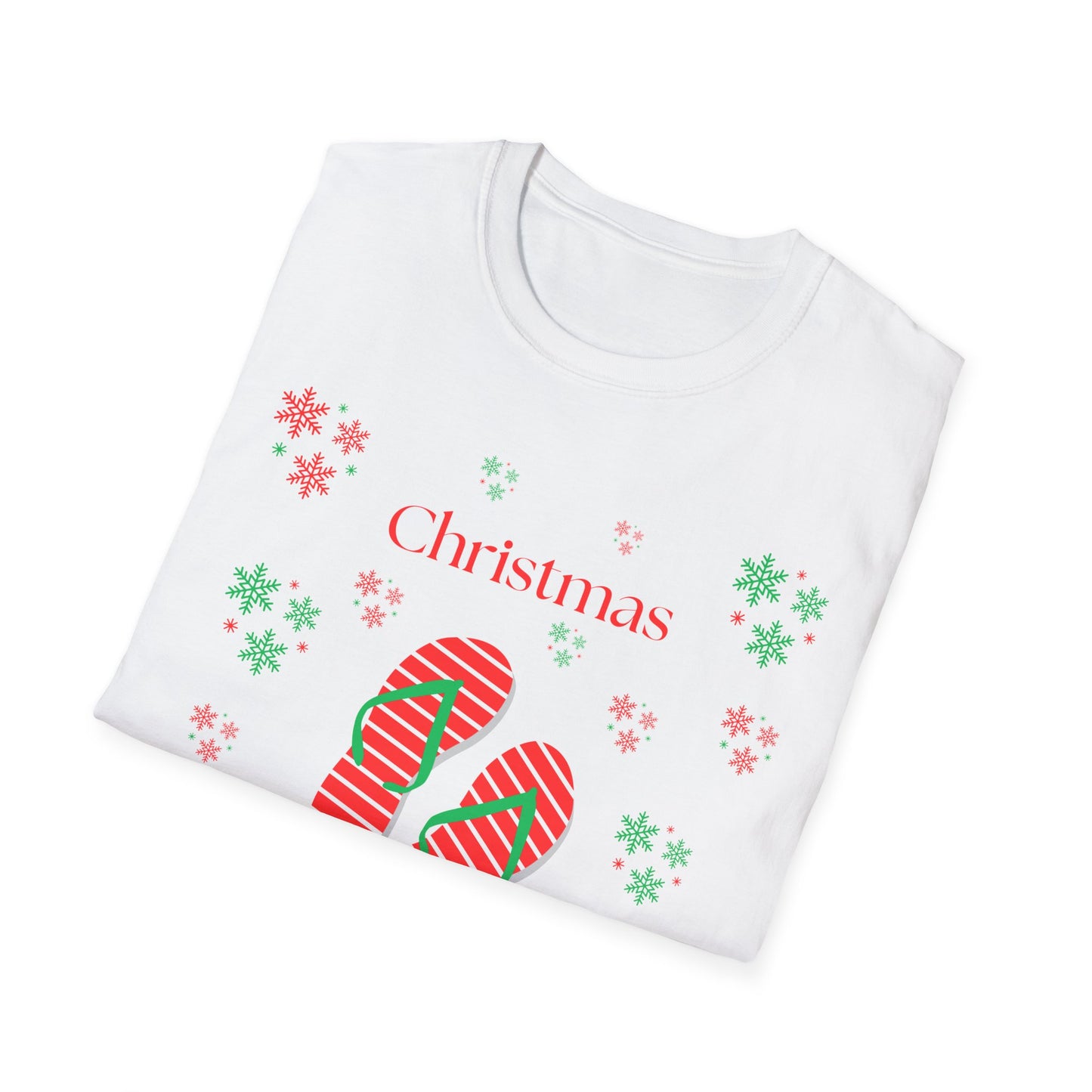 Christmas In July Softstyle T-Shirt, Holiday Apparel, Gift Idea, Summer Vibes, Casual Wear, Holiday Flip Flops