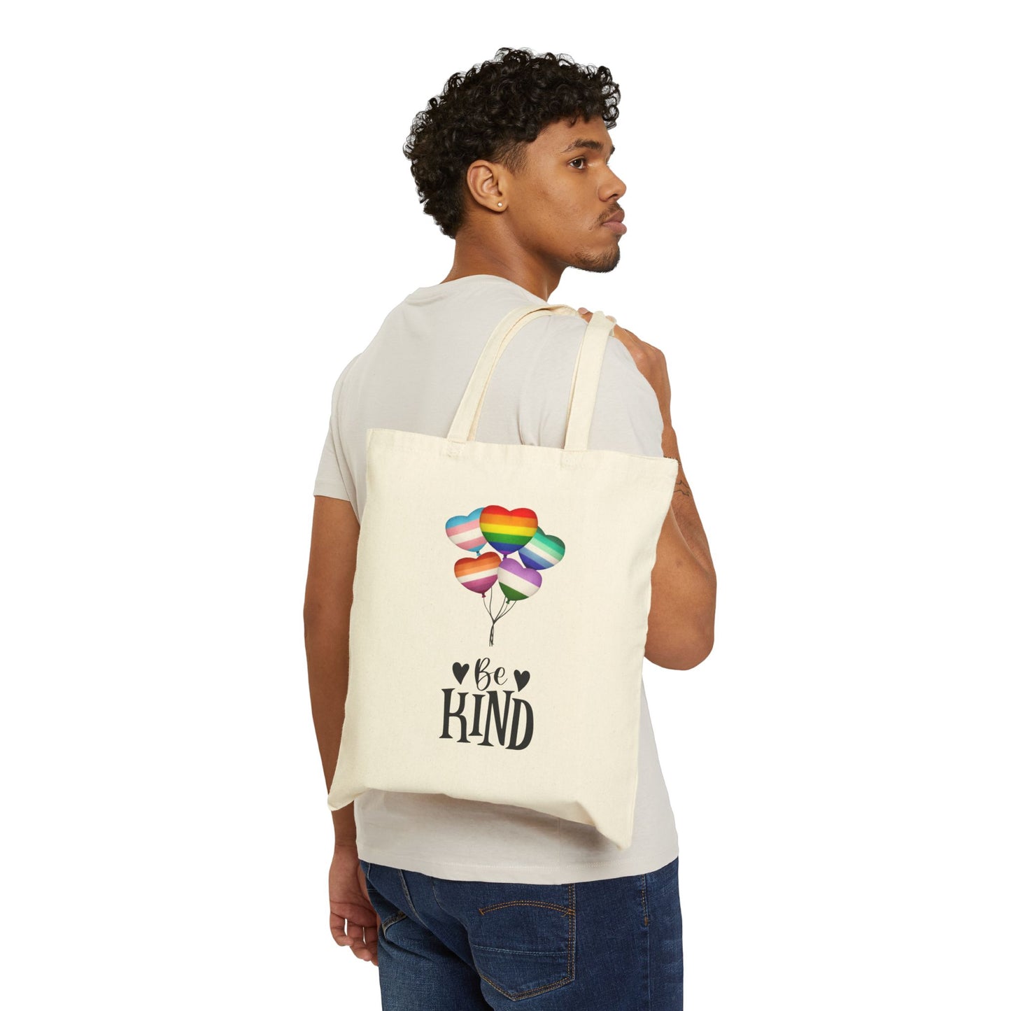 Rainbow Hearts "Be Kind" Cotton Canvas Tote Bag - Eco-Friendly Shopping, Pride, Everyday Use, Reusable Bags