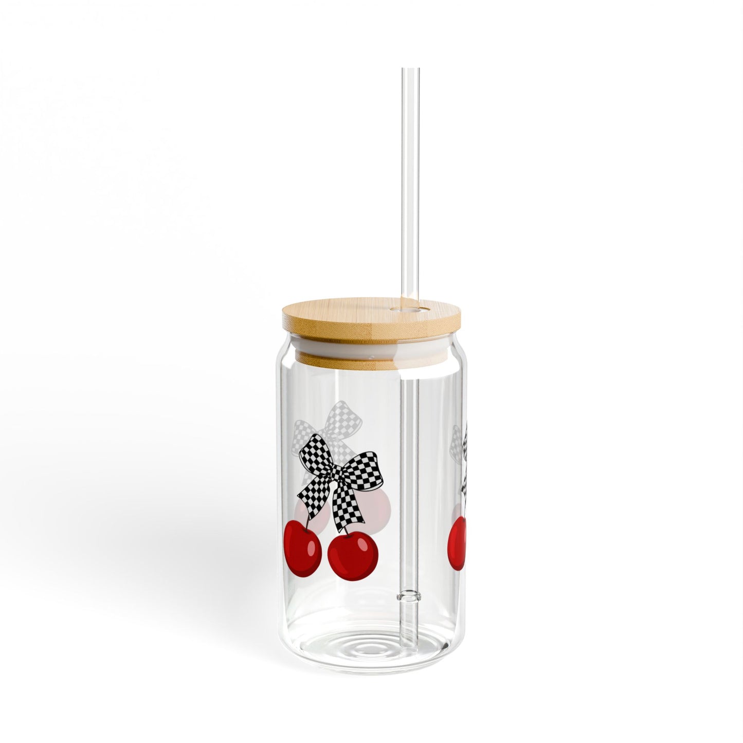 Gingham Cherry Sipper Glass | 16oz Drinking Jar with Straw, Cute Checkered Kitchen Decor, Summer Party Drinkware