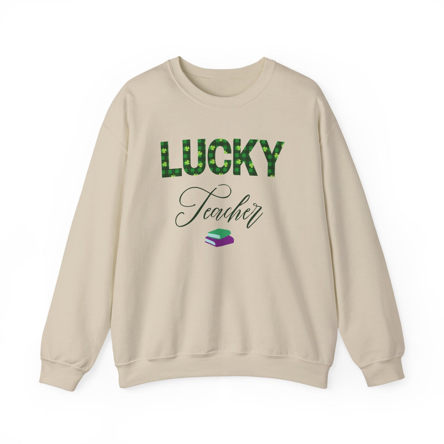 Lucky Teacher sweatshirt with green clover letters and book icon, St. Patrick’s Day design.