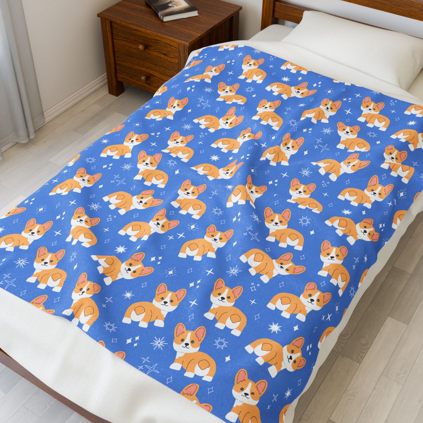 Blue Corgi Pattern Velveteen Plush Blanket, Cozy Corgi Throw Blanket, Soft Pet Blanket, Cute Dog Decor for Home, Gift for Dog Lovers