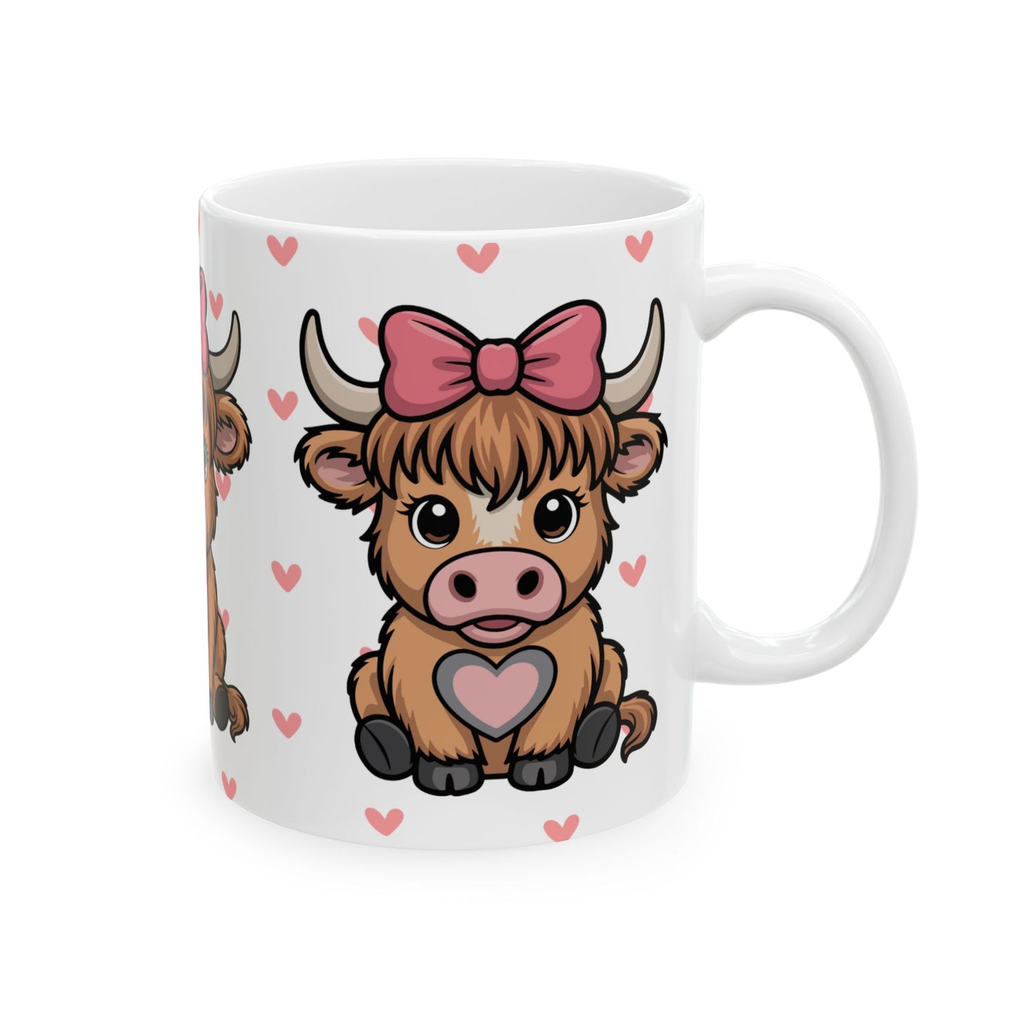 Cute Highland Cow Ceramic Mug – Adorable 11oz Coffee Cup with Hearts & Bow Design