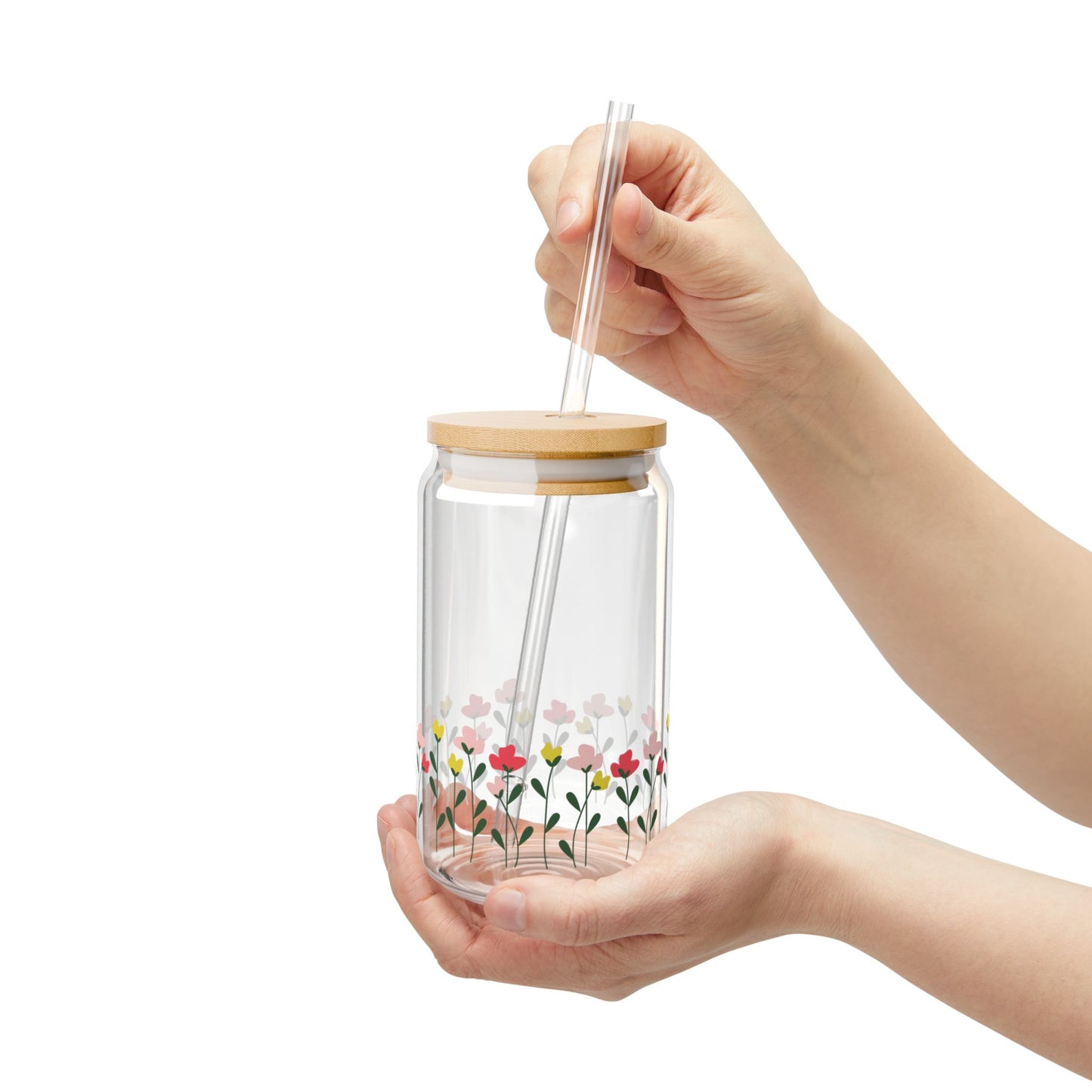 Floral Sipper Glass, 16oz - Eco-friendly Beverage Jar for Parties, Gifts, Home Decor, Summer, Self-Care