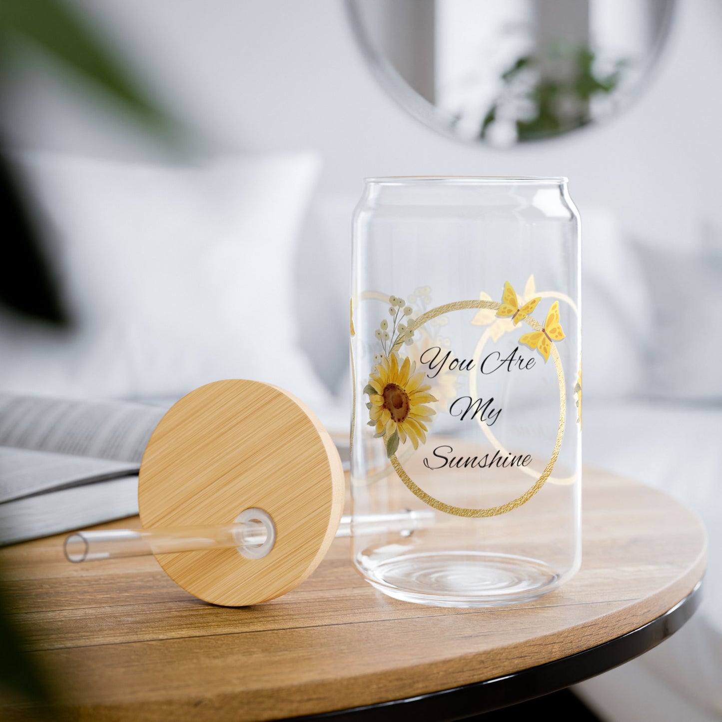 You Are My Sunshine Glass, 16oz Sunflower and Butterfly Sipper Cup with Bamboo Lid & Straw, Gift for Her, Summer Iced Coffee Glass