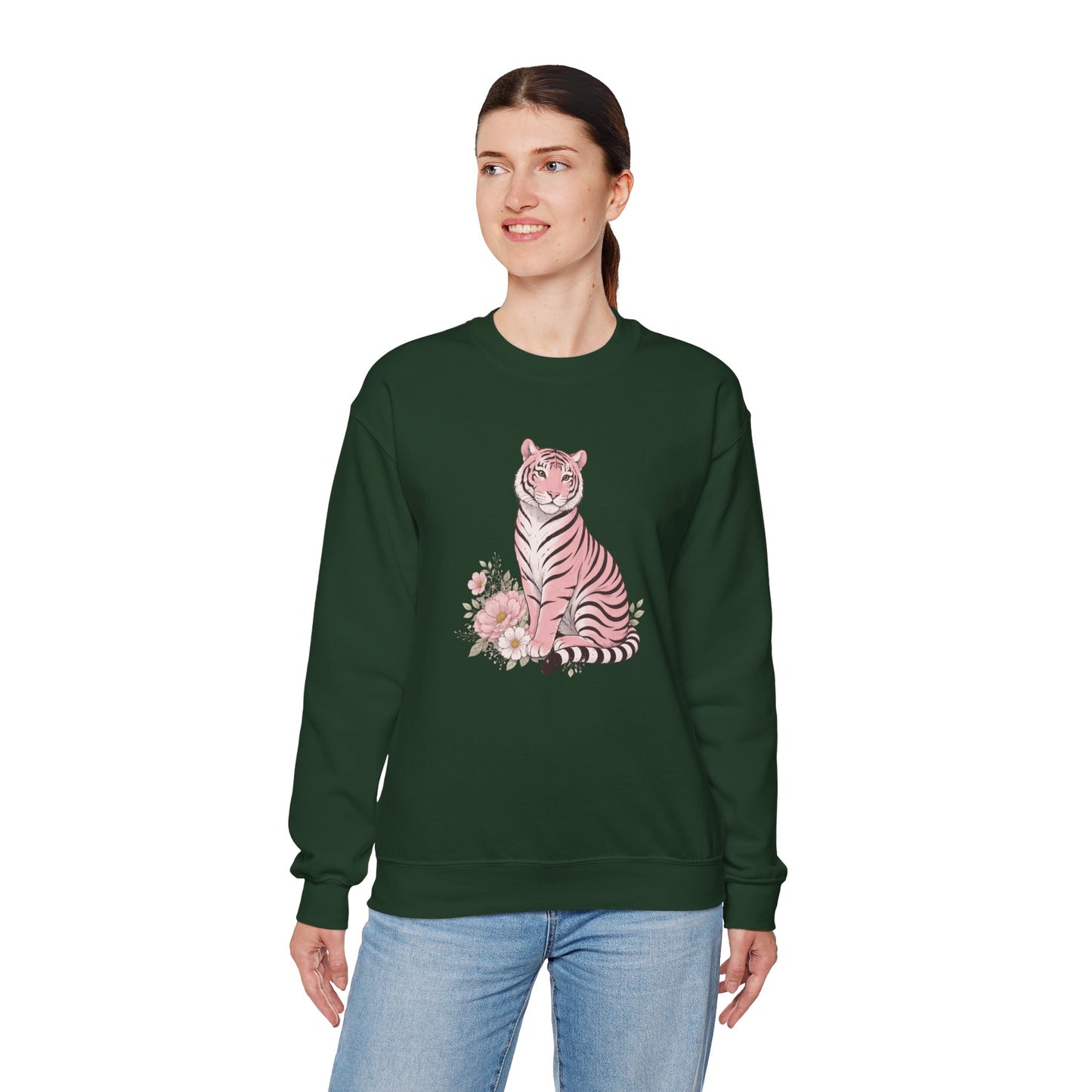 A cozy unisex sweatshirt featuring a pink tiger sitting among pastel flowers