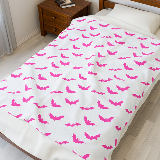 Pink Bat Blanket, White Plush Throw Blanket, Cute Halloween Blanket, Cozy Soft Bat Decor Gift