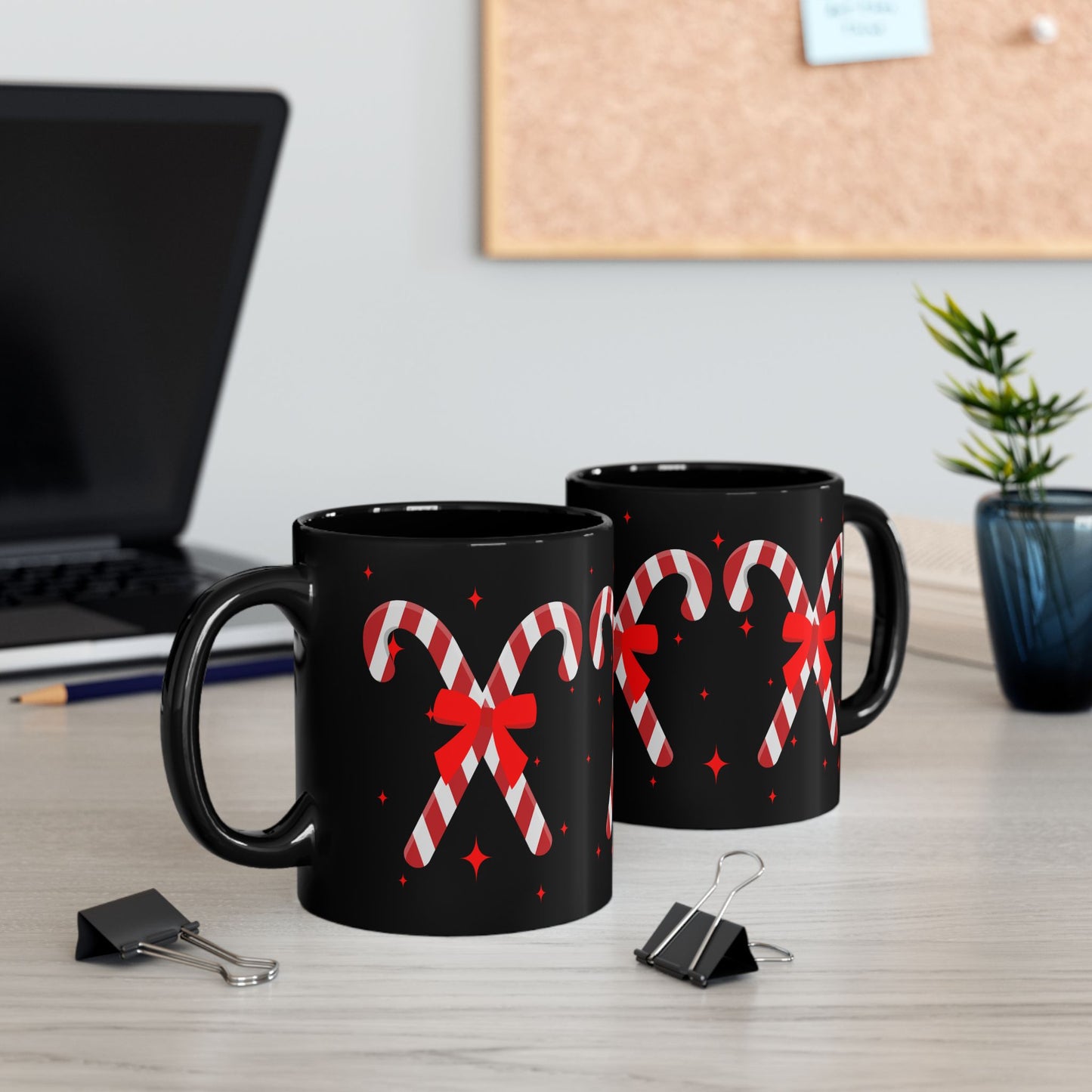 Candy Cane Black Ceramic Mug – Festive Christmas Coffee Cup with Red Bow Design