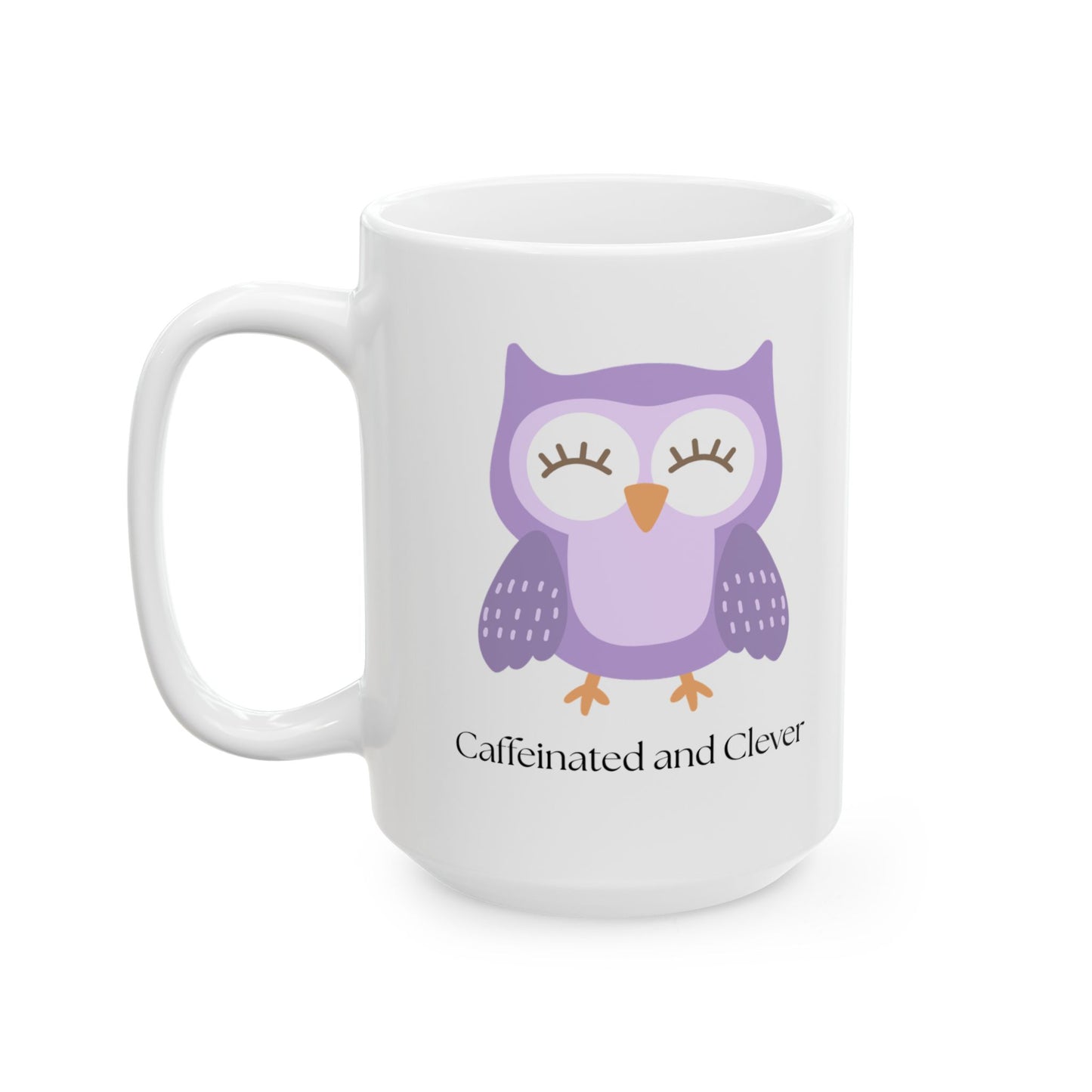 Caffeinated and Clever Mug, Cute Purple Owl Coffee Cup, Ceramic Mug for Book Lovers & Owl Fans