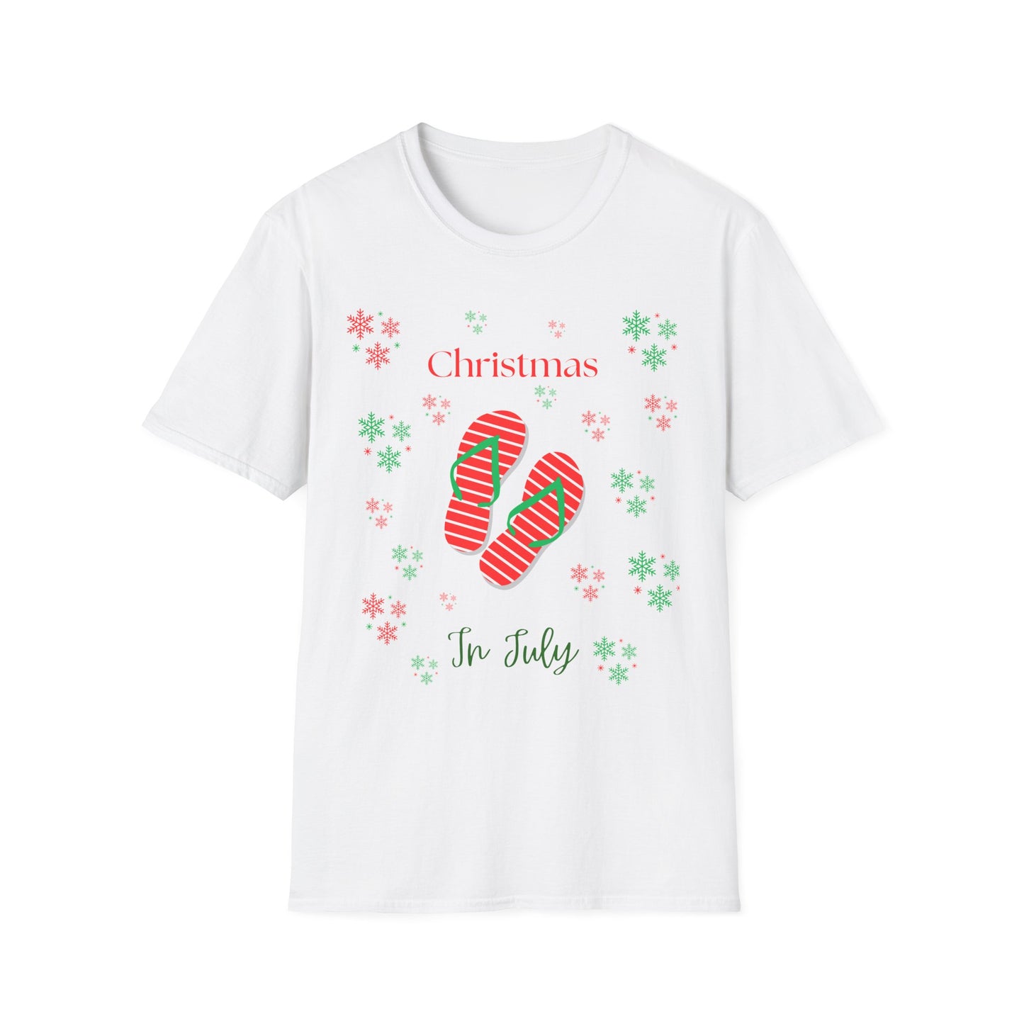 Christmas In July Softstyle T-Shirt, Holiday Apparel, Gift Idea, Summer Vibes, Casual Wear, Holiday Flip Flops