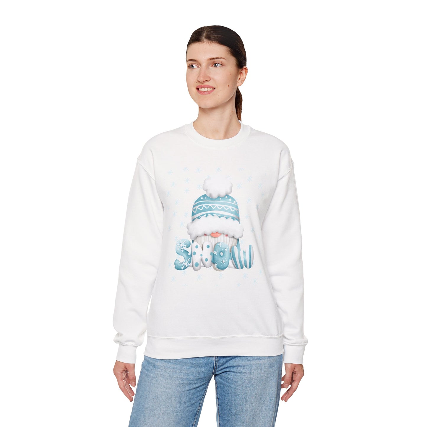 Winter Gnome "Snow" Sweatshirt, Cozy Holiday Crewneck, Cute Gnome Snowflake Graphic Top