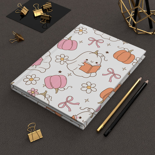 Cute Pink Ghost and Pumpkin Hardcover Journal for Fall,  Aesthetic Writing Notebook, Halloween Gift, Stationery Lovers, Kawaii Journal