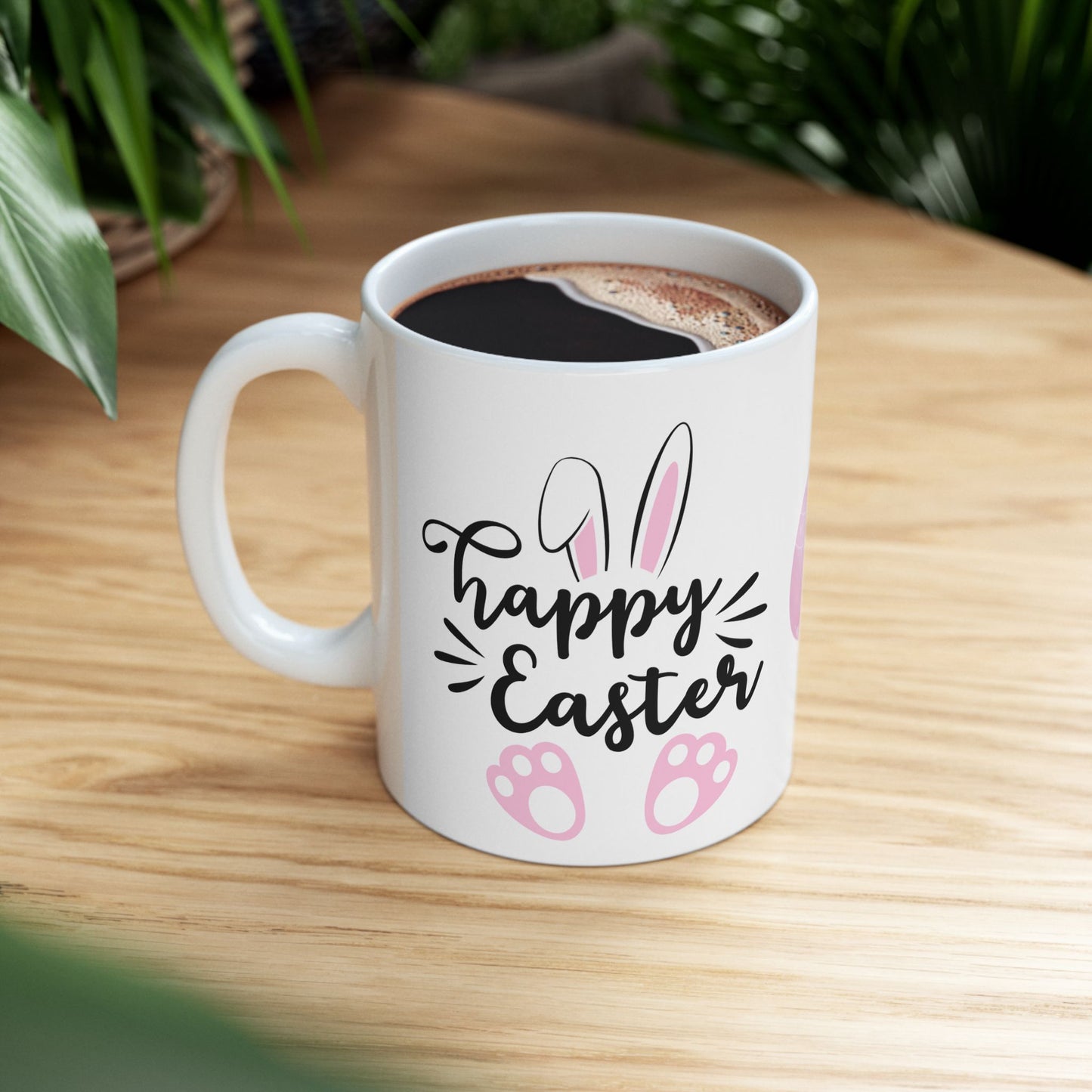 Adorable Happy Easter bunny mug with cute ears & paw prints.