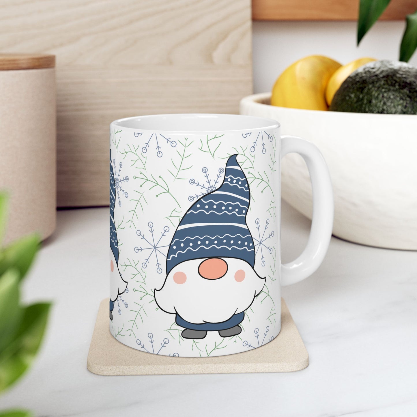 Blue Gnome Winter Mug, Snowflake Ceramic Coffee Cup, Cozy Christmas Gift, 11oz Holiday Gnome Mug