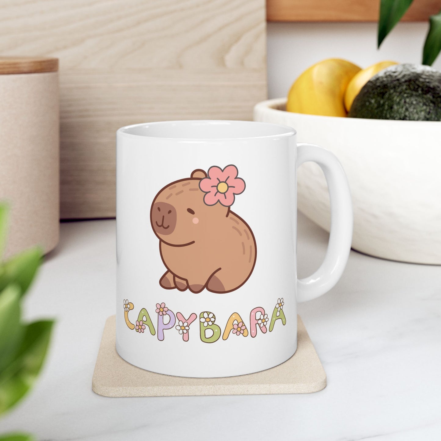 Cute Capybara Ceramic Mug with Floral Design