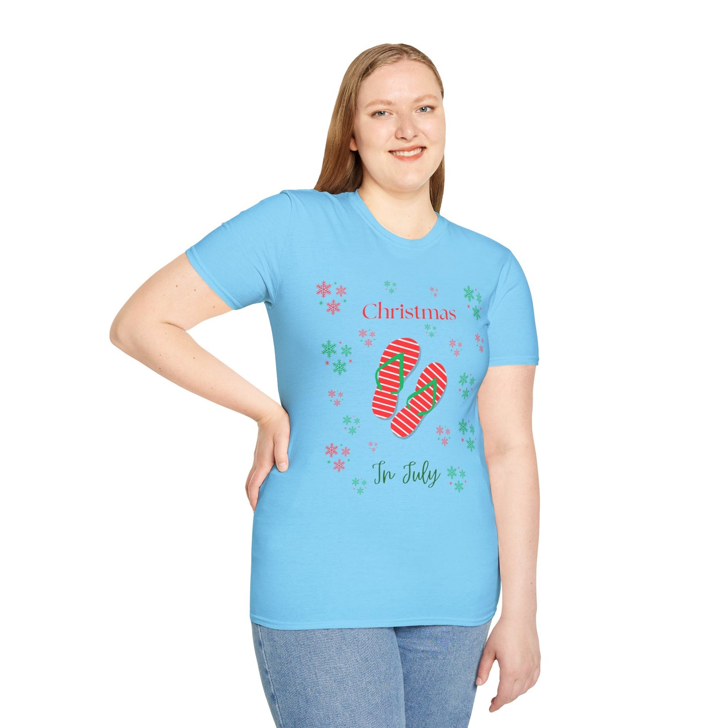 Christmas In July Softstyle T-Shirt, Holiday Apparel, Gift Idea, Summer Vibes, Casual Wear, Holiday Flip Flops