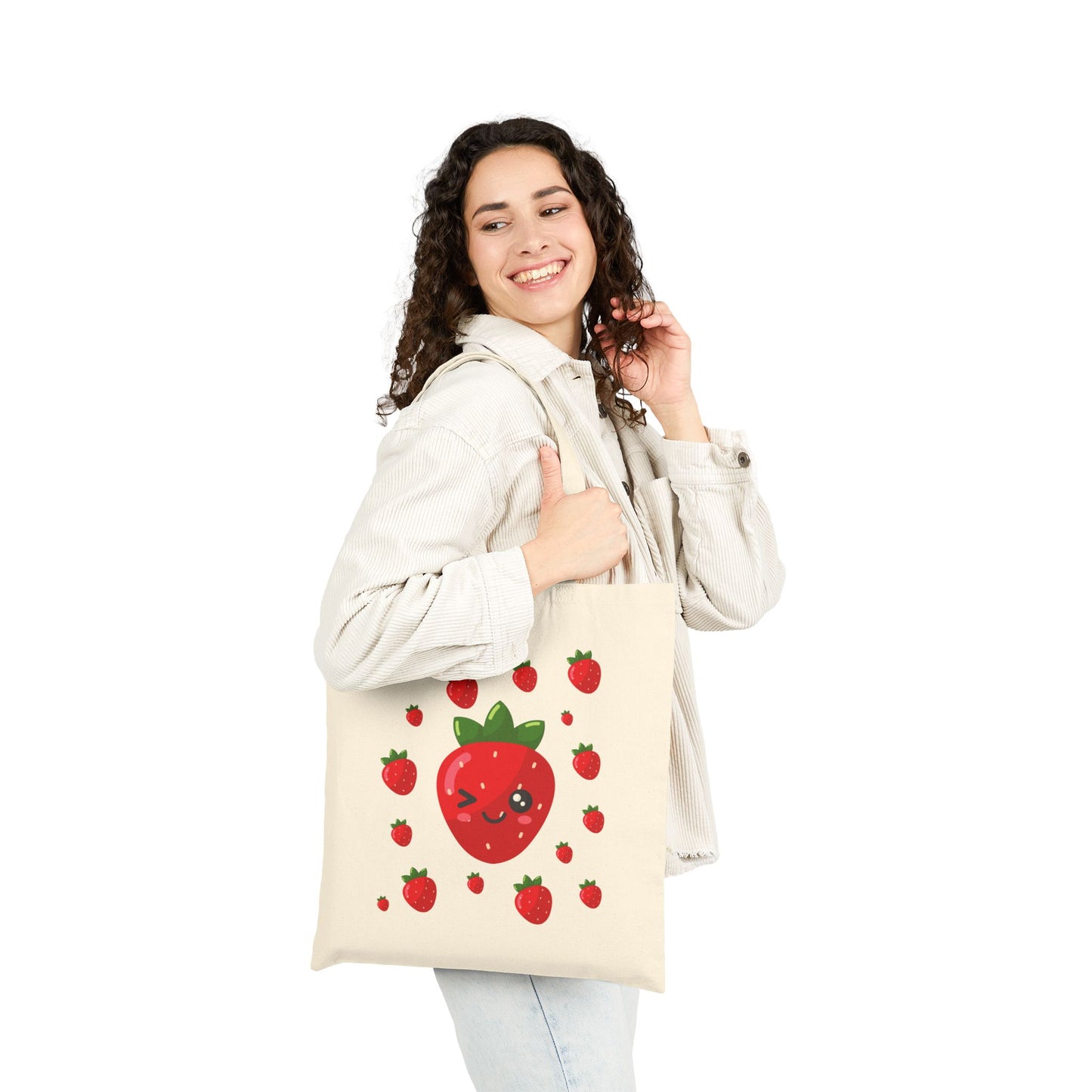 Kawaii Strawberry Canvas Tote Bag, Eco-Friendly Shopping Bag, Cute Tote for Groceries, Beach, or School, Gift for Fruit Lovers
